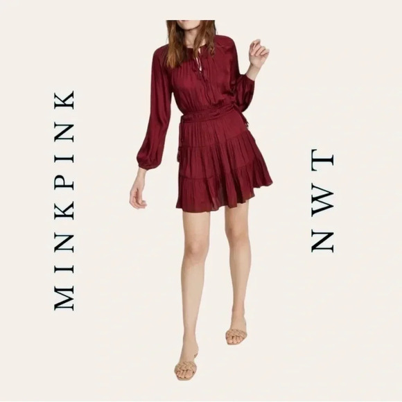 1149. MINKPINK‎ DRAWSTRING WAIST PEASANT DRESS SIZE SMALL WINE IN COLOR - Picture 1 of 10
